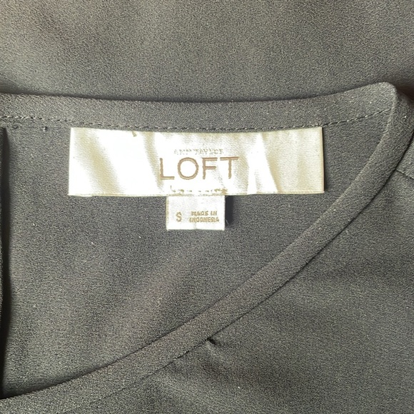 LOFT sheer, long sleeve black + cream color block blouse with back tie - Picture 6 of 7